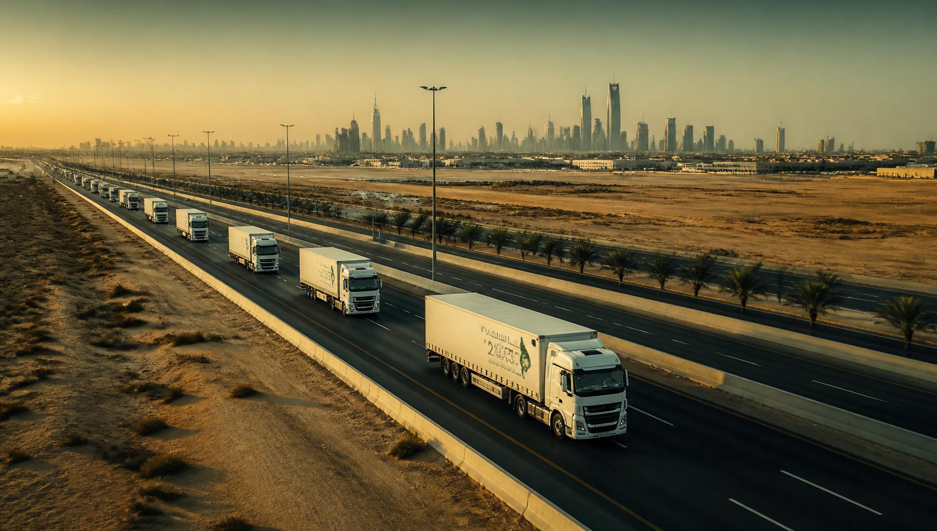 Fleet of TRANZO trucks on a Saudi Arabian highway